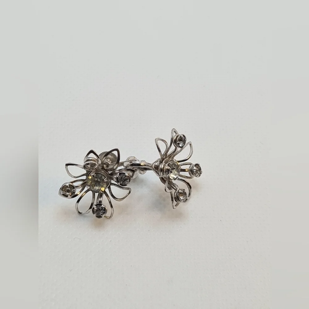 Vintage Silver And Crystal Floral Earrings